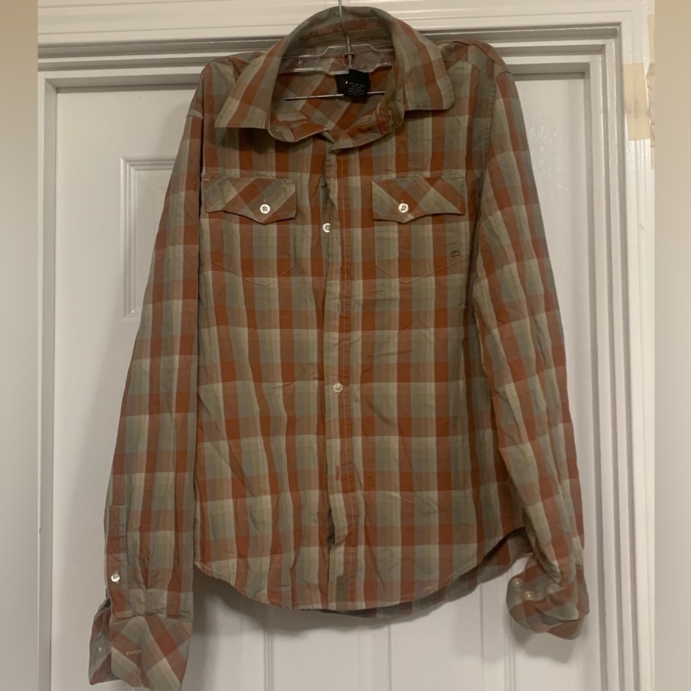 686 Black and Gold Mens Shirt Small Flannel Brown Plaid Snowboard Button Up